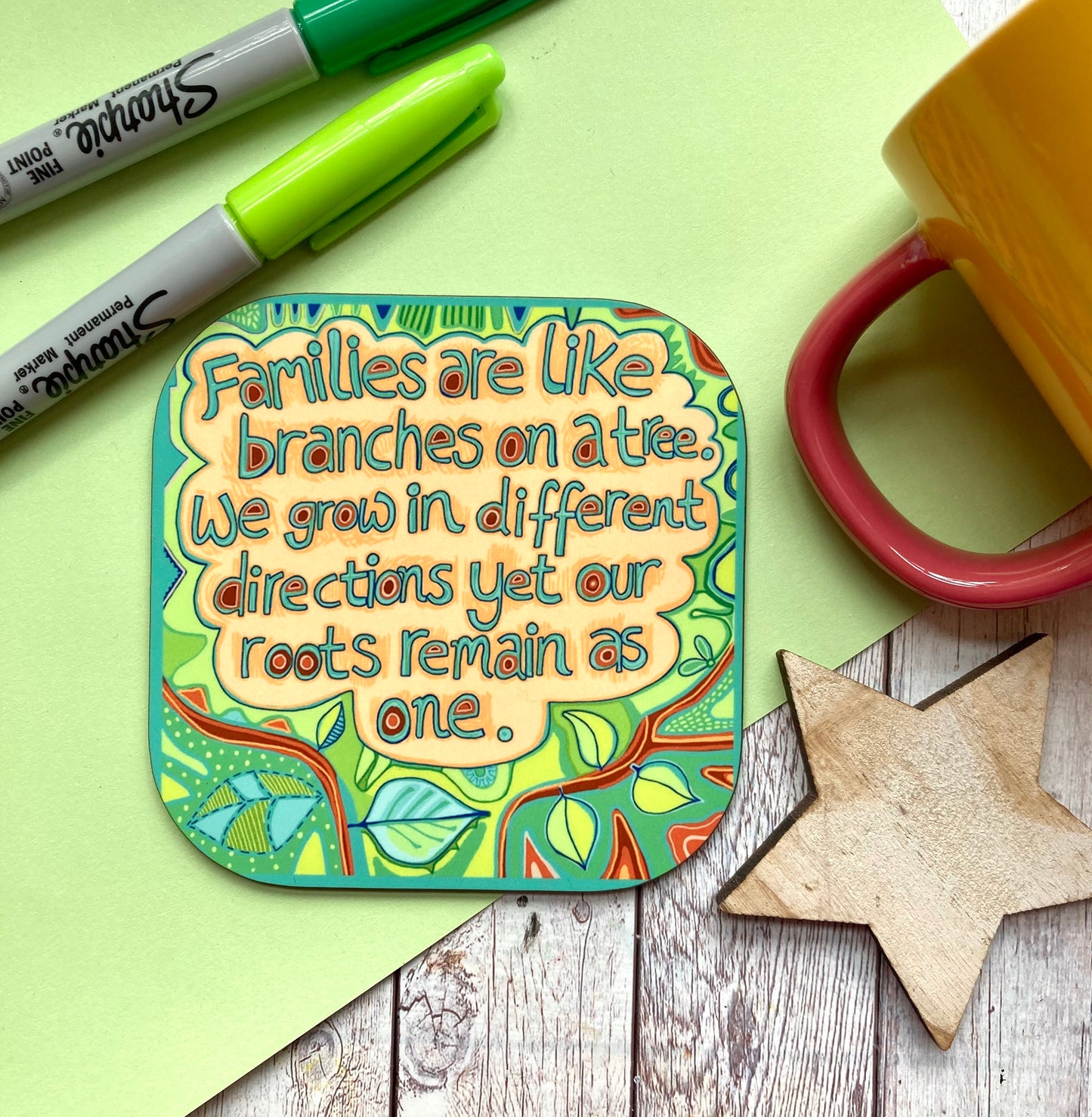 Family Quote Coaster, Birthday Gift For Mum, Families Are Like Branches Of A Tree, Positive Coasters, Thinking Of You, Housewarming Gift.