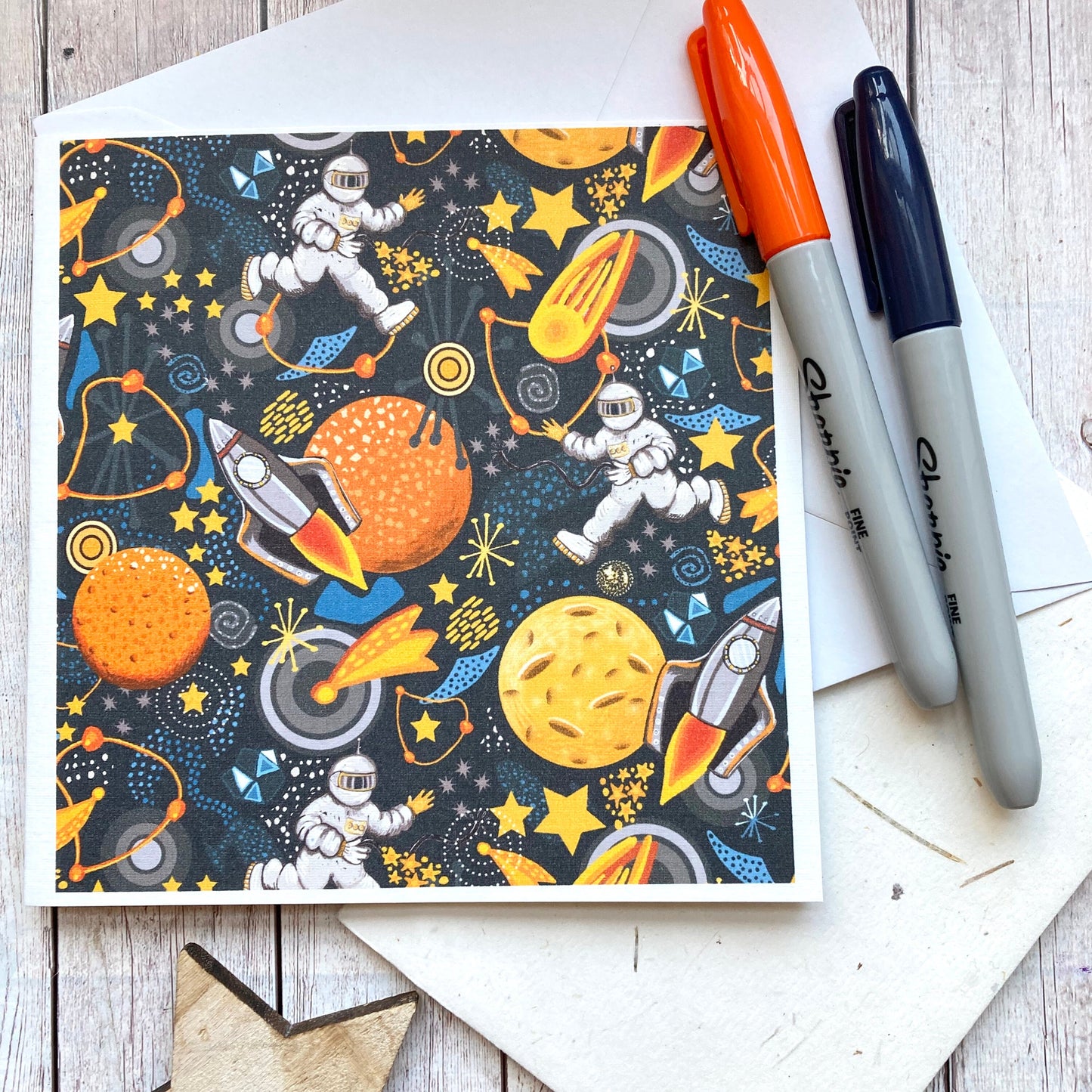 Rocket Birthday Card, Space Pattern Greetings Card, Astronaut Card, Children’s Cards, Planets Notecard, Any Occasion, Blank Greetings.