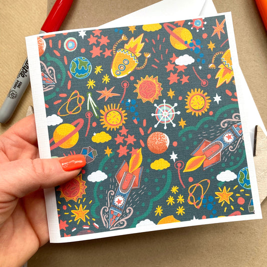 Rocket Ship Birthday Card, Space Greetings Card, Space Lover Card, Children’s Cards, Planets Notecard, Any Occasion, Blank Greetings.