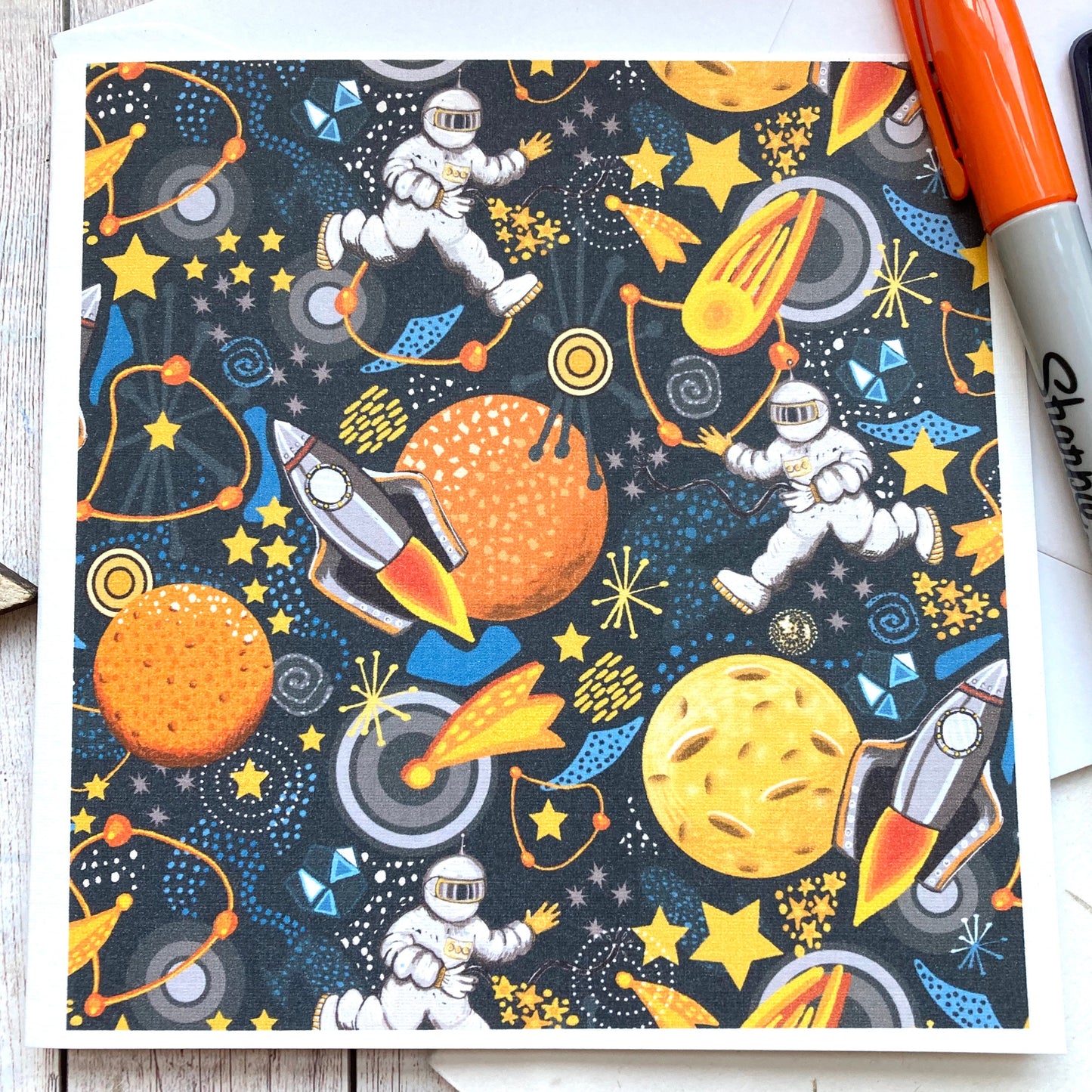 Rocket Birthday Card, Space Pattern Greetings Card, Astronaut Card, Children’s Cards, Planets Notecard, Any Occasion, Blank Greetings.