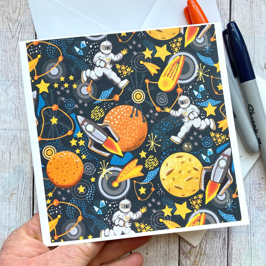 Rocket Birthday Card, Space Pattern Greetings Card, Astronaut Card, Children’s Cards, Planets Notecard, Any Occasion, Blank Greetings.