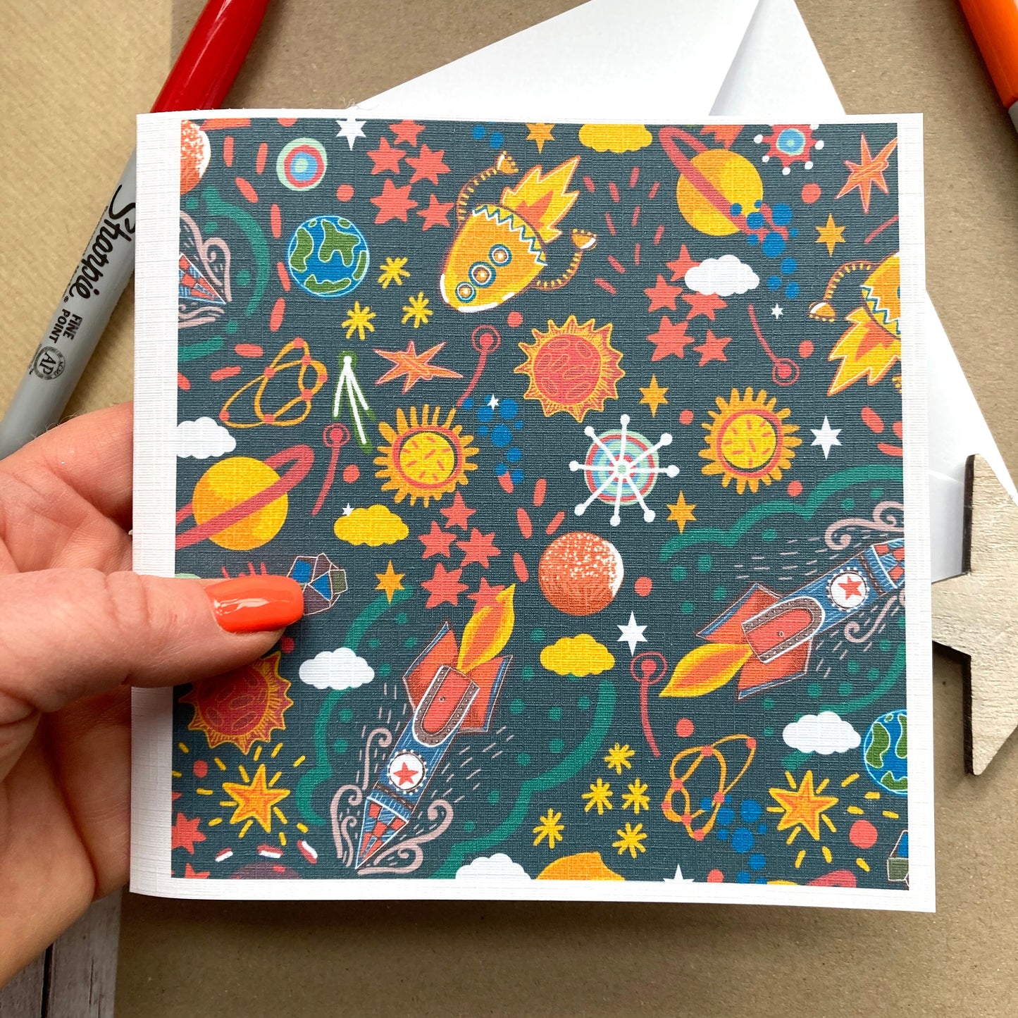 Rocket Ship Birthday Card, Space Greetings Card, Space Lover Card, Children’s Cards, Planets Notecard, Any Occasion, Blank Greetings.