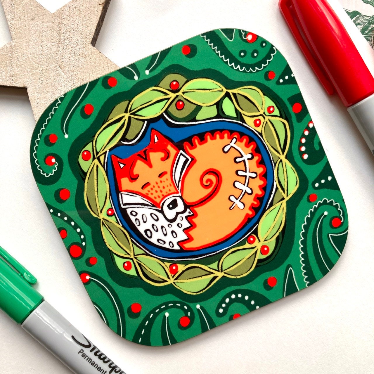 Curled Fox Coaster, Cute Fox Coaster Set, Woodland Coasters, Fox Lover Gift, Thank You Gift, Fox Fan.