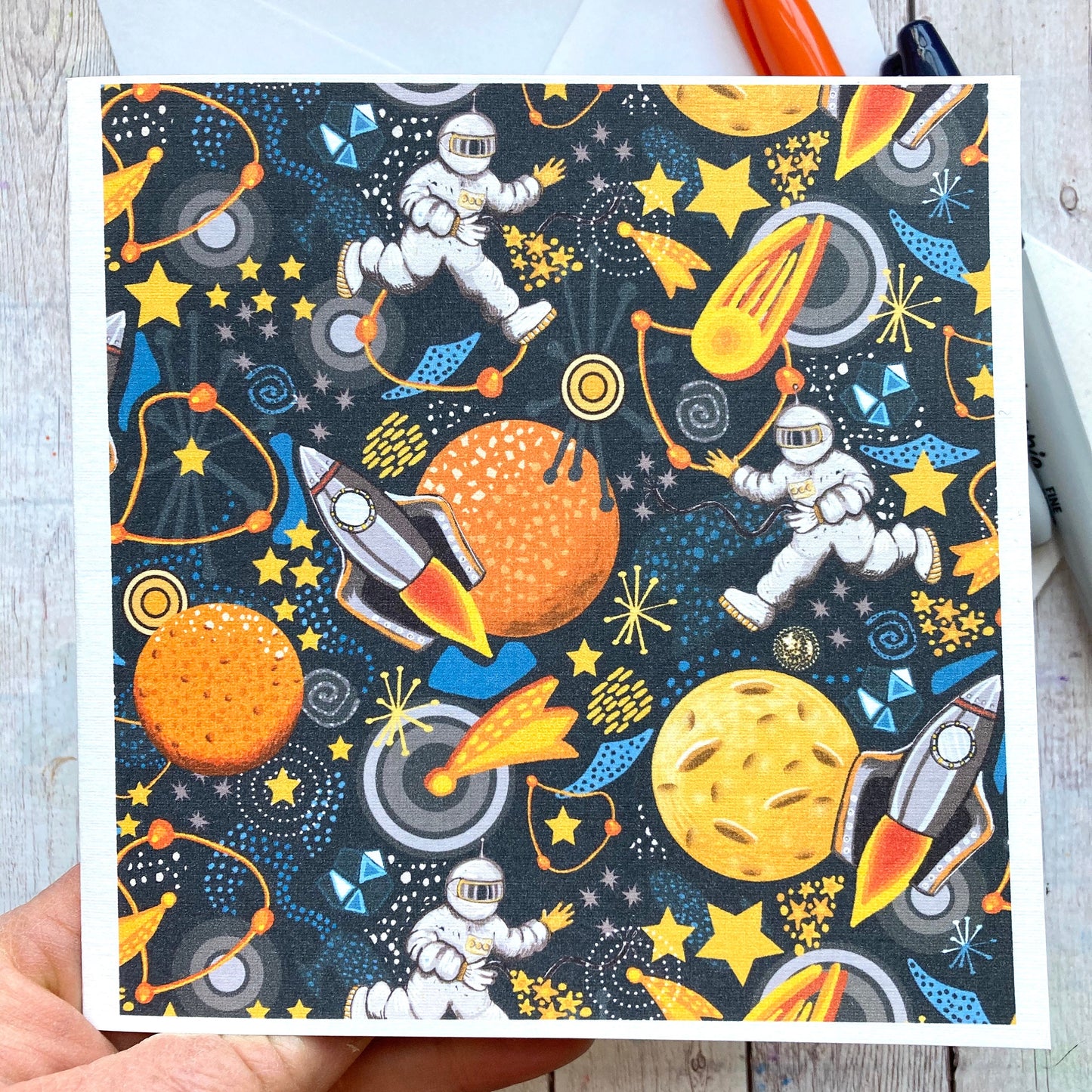 Rocket Birthday Card, Space Pattern Greetings Card, Astronaut Card, Children’s Cards, Planets Notecard, Any Occasion, Blank Greetings.