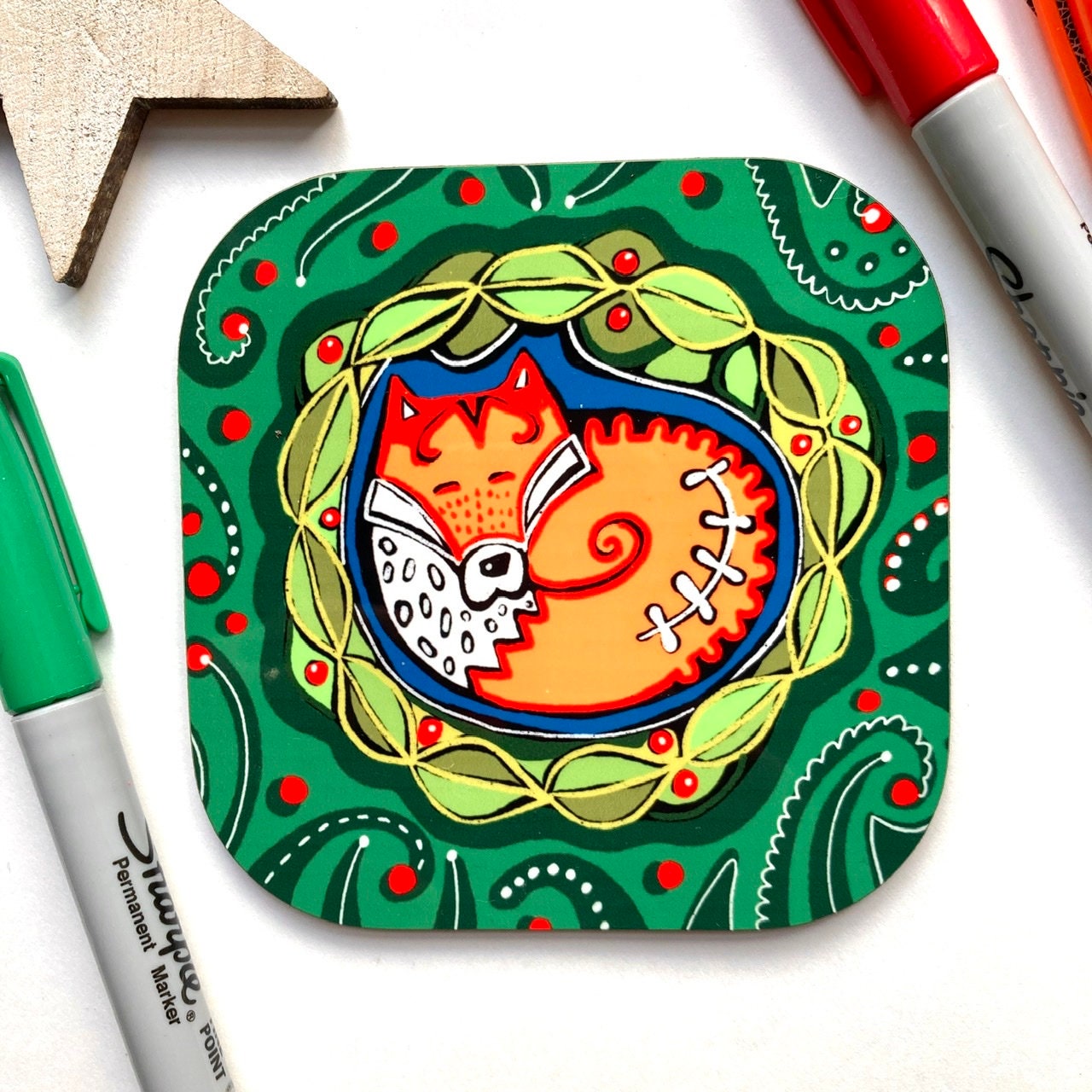 Curled Fox Coaster, Cute Fox Coaster Set, Woodland Coasters, Fox Lover Gift, Thank You Gift, Fox Fan.