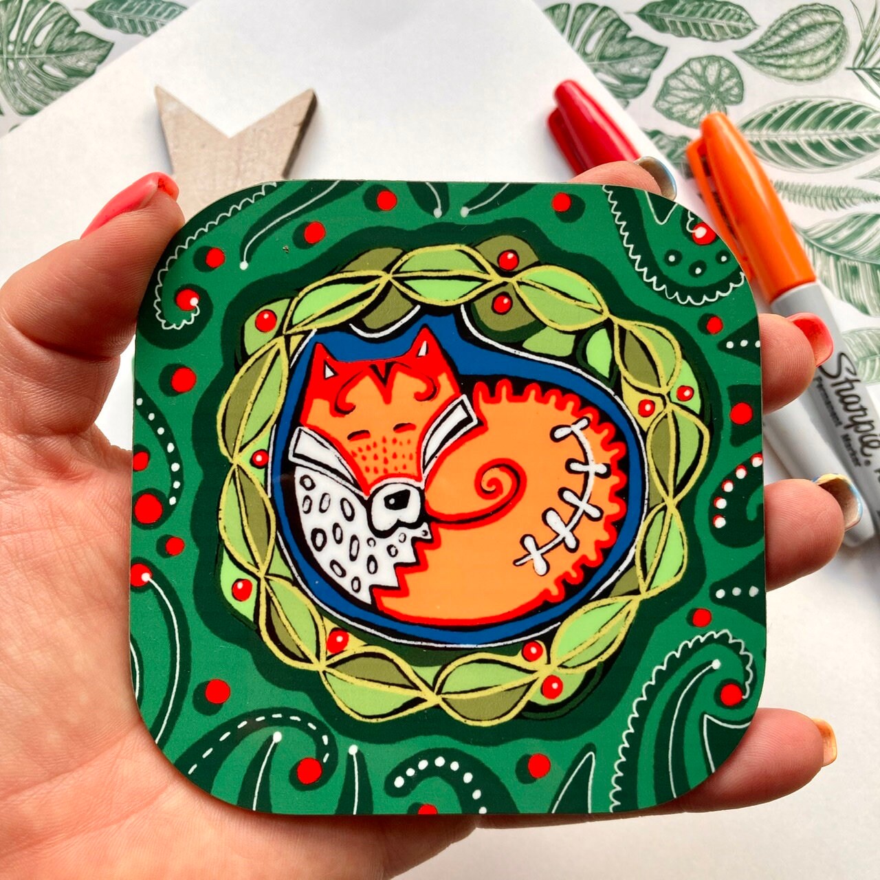 Curled Fox Coaster, Cute Fox Coaster Set, Woodland Coasters, Fox Lover Gift, Thank You Gift, Fox Fan.