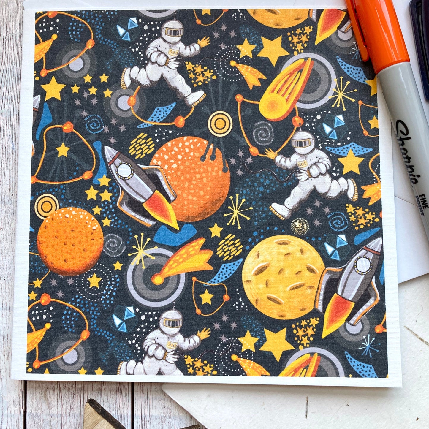 Rocket Birthday Card, Space Pattern Greetings Card, Astronaut Card, Children’s Cards, Planets Notecard, Any Occasion, Blank Greetings.