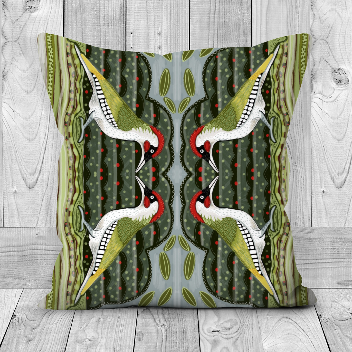 Green woodpecker faux suede cushion.