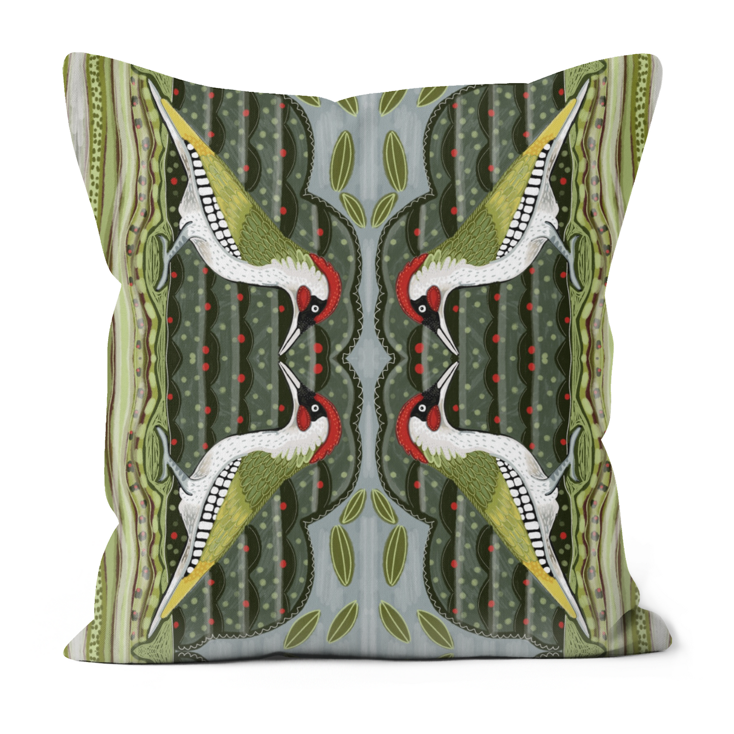 Green woodpecker faux suede cushion.