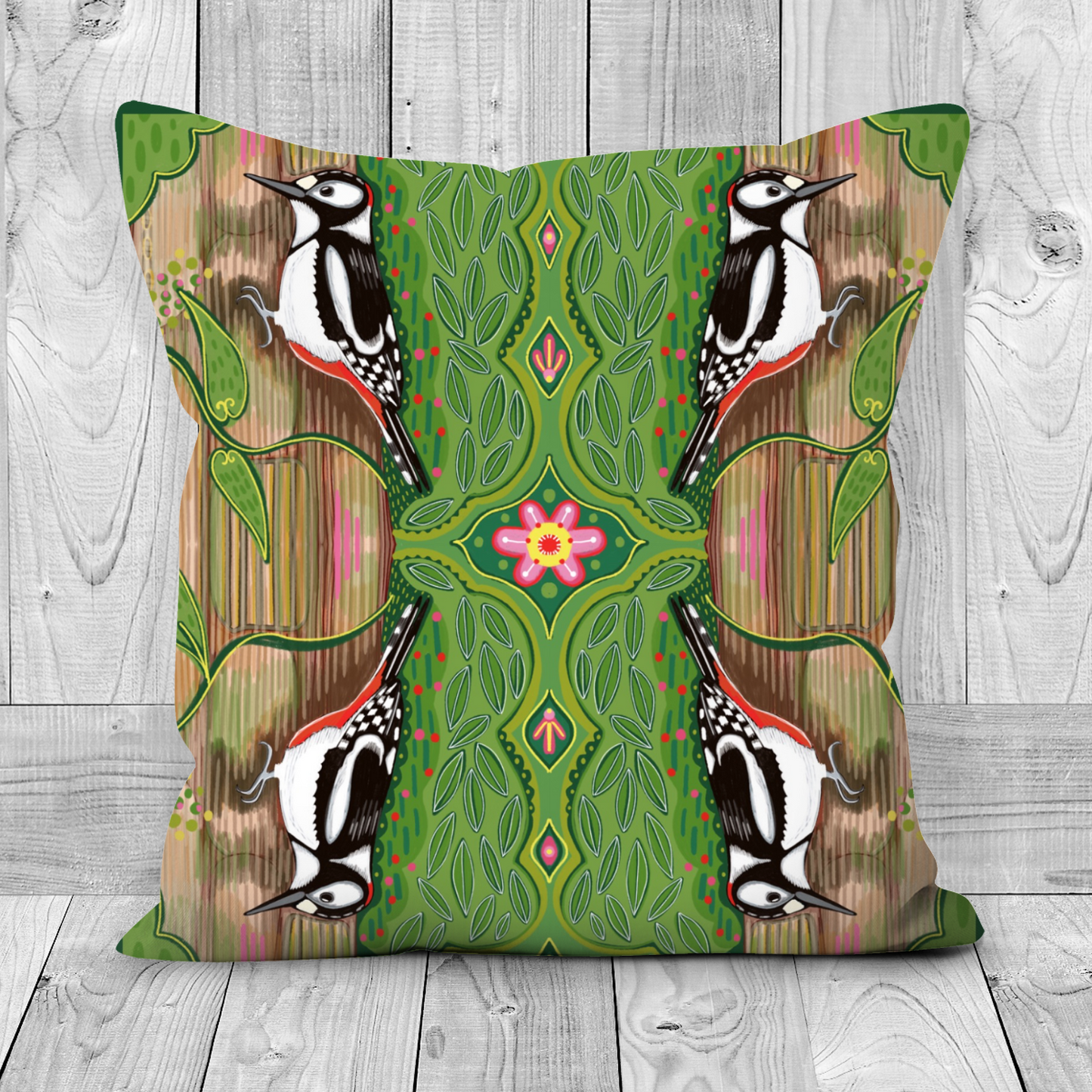 Great Spotted Woodpecker Patterned Cushion.
