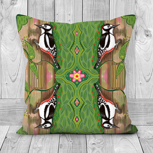 Great Spotted Woodpecker Patterned Cushion.