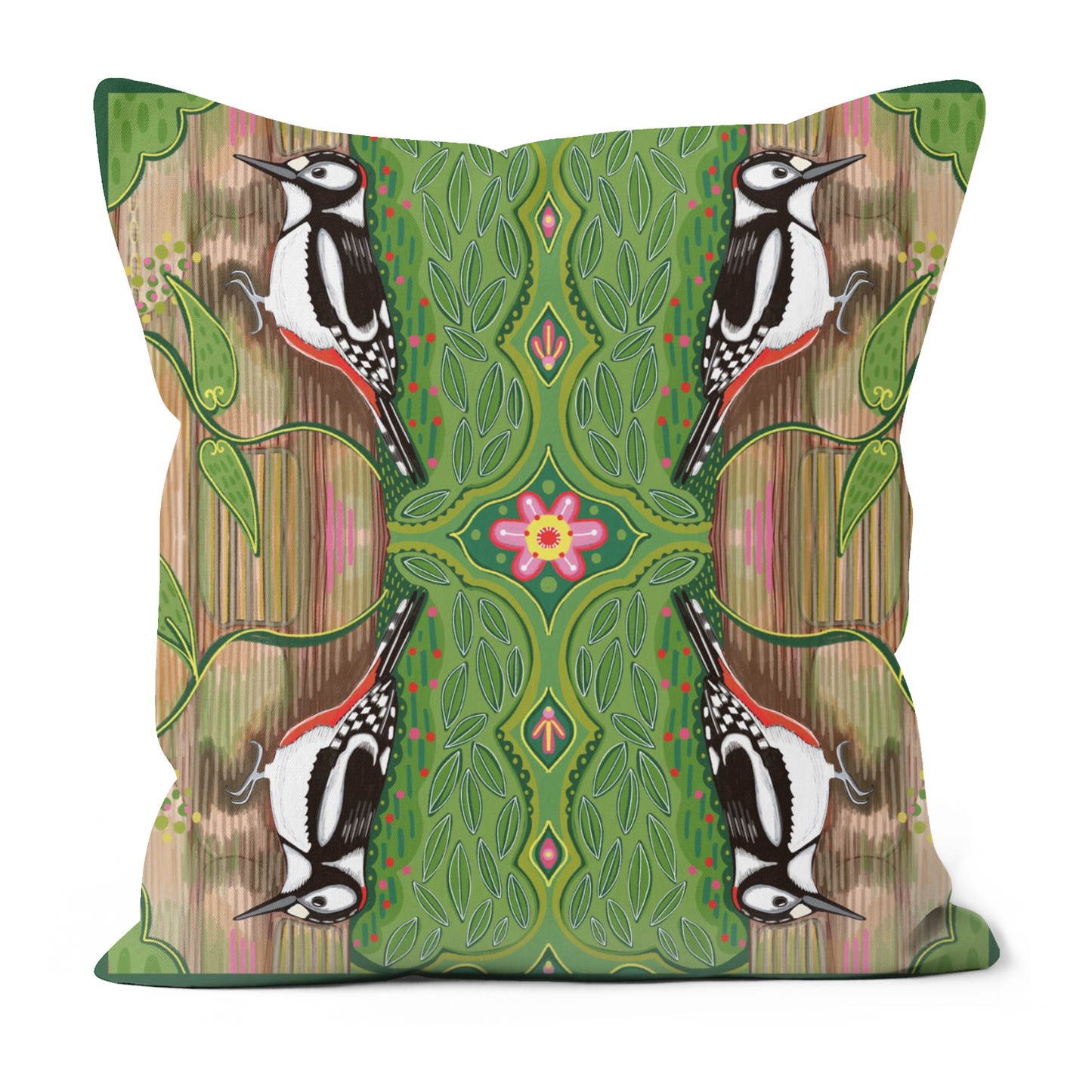 Great Spotted Woodpecker Patterned Cushion.