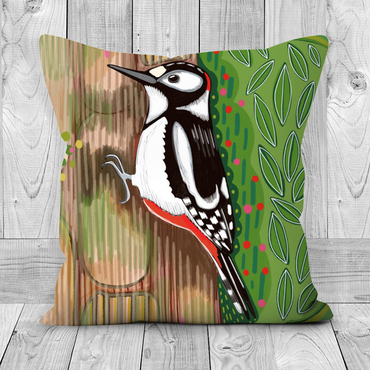 Great Spotted Woodpecker Faux Suede Cushion
