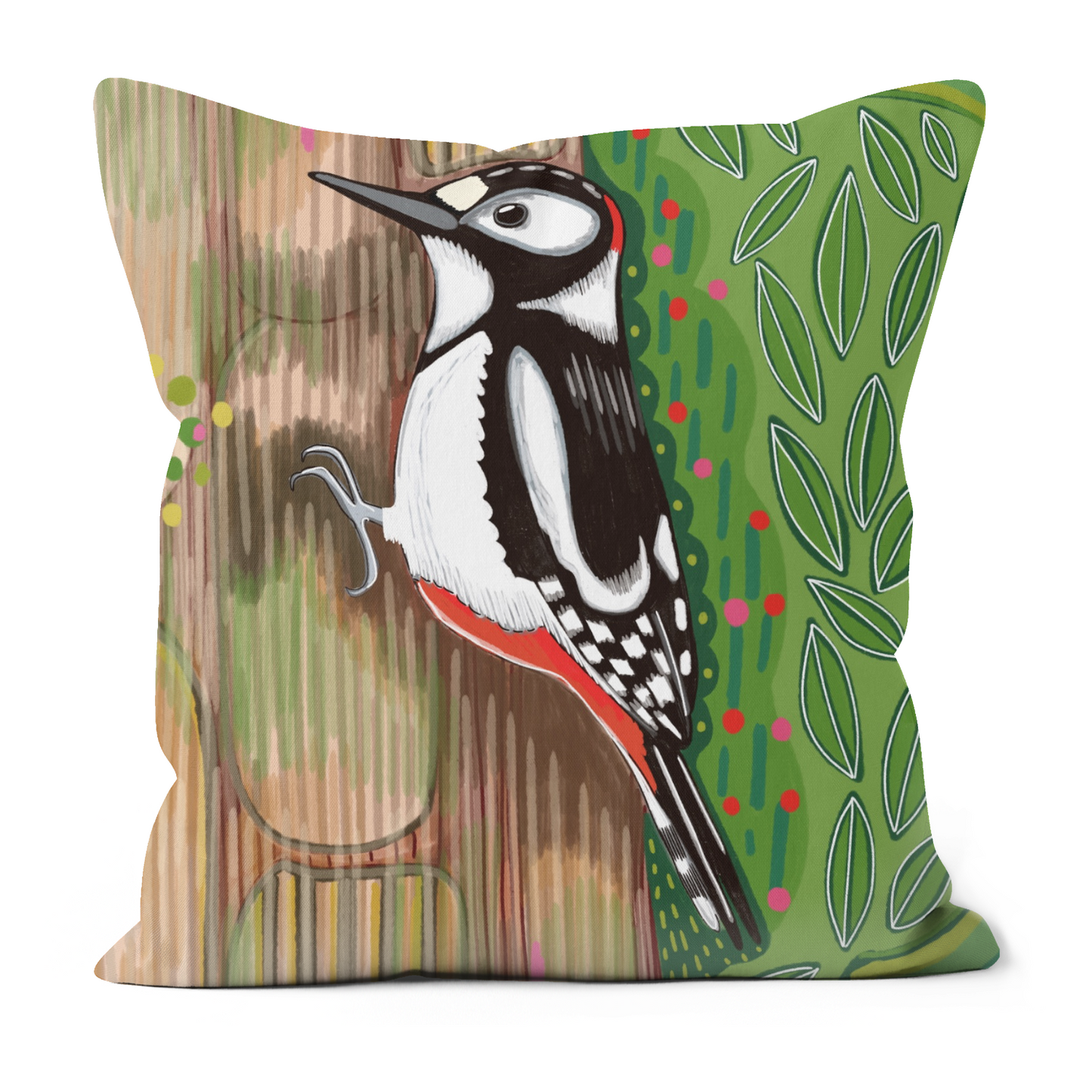 Great Spotted Woodpecker Faux Suede Cushion